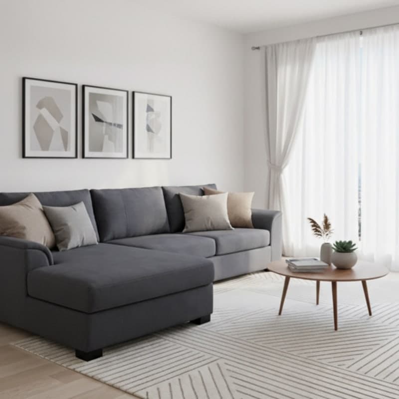 A Universal Corner Chaise in Monaco Slate Grey, with comfortable loose cushions, positioned in a stylish minimalist sitting room.