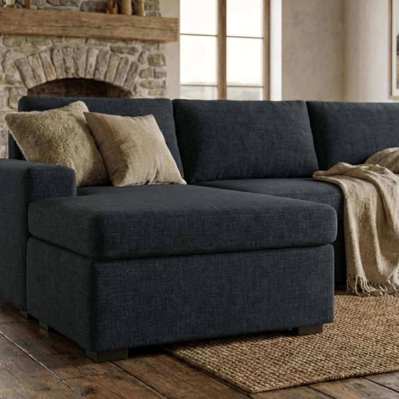 Close up of a grey Daisy corner chaise end sofa from Scooch Living in a modern apartment