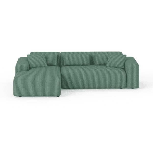 Front-on studio product photo of the Candy Left Corner Chaise, 241 cm, Tuscany Sea Green, Corduroy