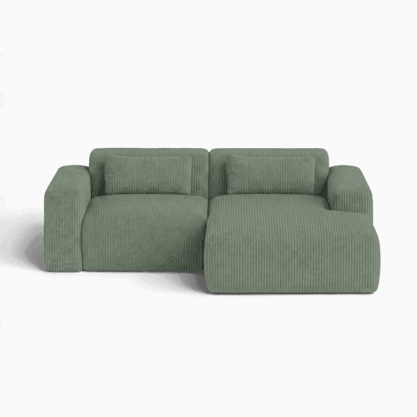 Front-on studio product photo of the Candy Right Corner Chaise, 216 cm, Tuscany Sea Green, Corduroy