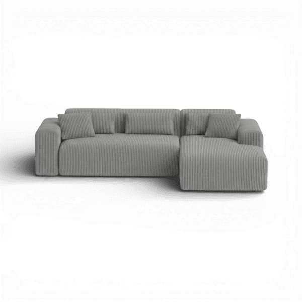 Front-on studio product photo of the Candy Right Corner Chaise, 261 cm, Tuscany Stone Grey, Corduroy