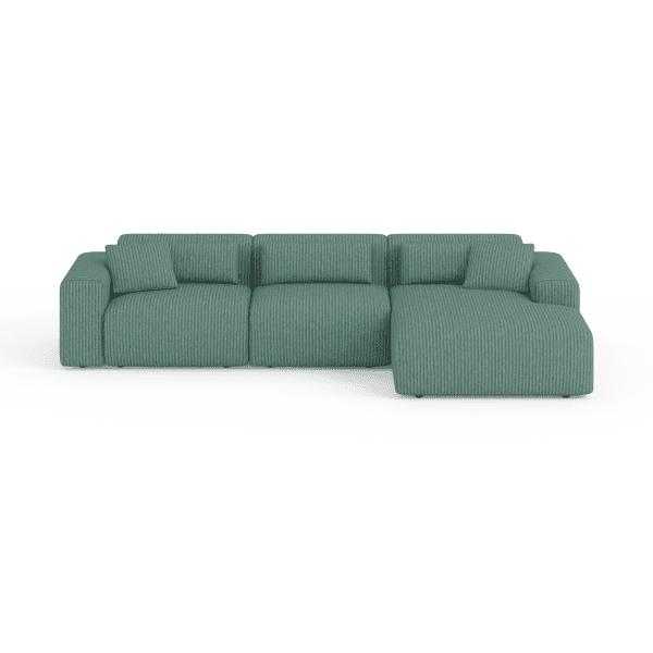 Front-on studio product photo of the Candy Right Corner Chaise, 301 cm, Tuscany Sea Green, Corduroy