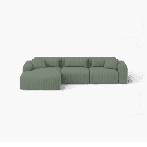 Front-on studio product photo of the Candy Left Corner Chaise, 301 cm, Tuscany Sea Green, Corduroy
