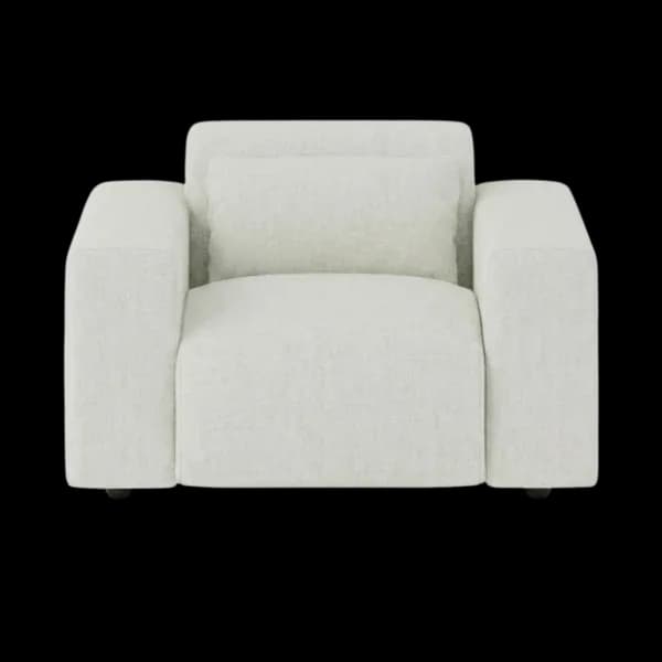 Front-on studio product photo of the Candy Armchair, 121 cm, Monaco Feather Beige, Smooth Weave