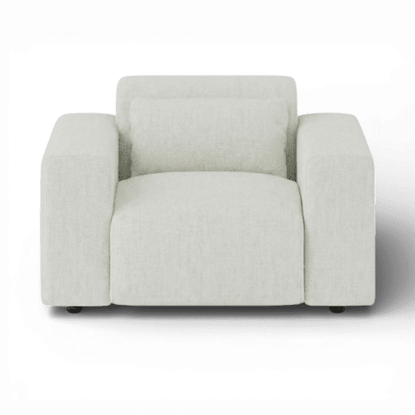 Front-on studio product photo of the Candy Armchair, 115 cm, Monaco Feather Beige, Smooth Weave
