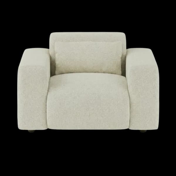 Front-on studio product photo of the Candy Armchair, 121 cm, Monaco Linen Beige, Smooth Weave