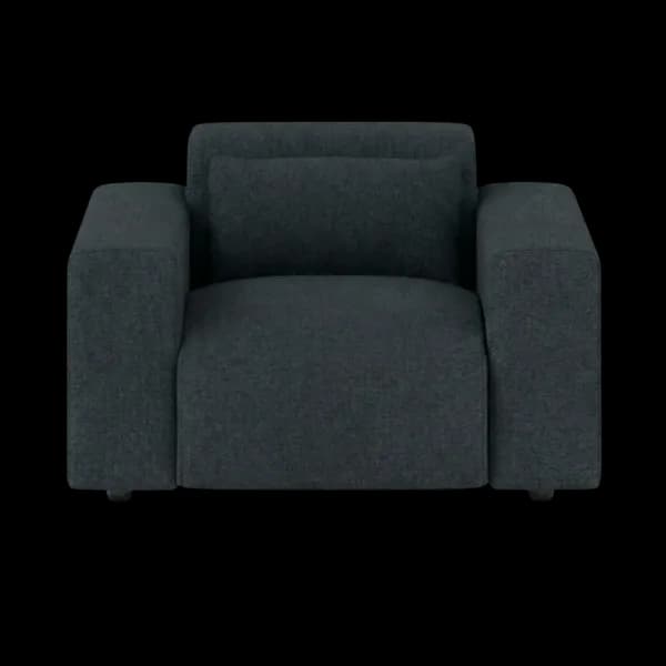 Front-on studio product photo of the Candy Armchair, 121 cm, Monaco Obsidian Grey, Smooth Weave