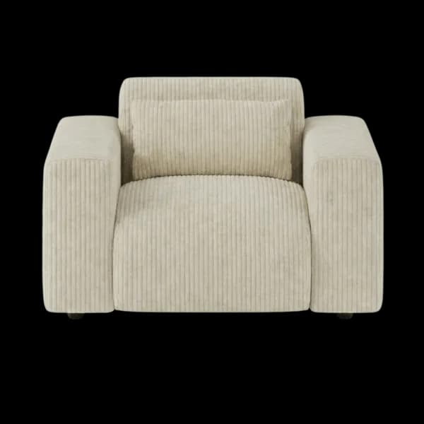 Front-on studio product photo of the Candy Armchair, 121 cm, Tuscany Ivory Beige, Corduroy