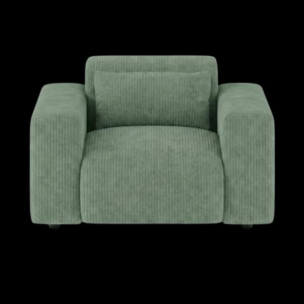 Front-on studio product photo of the Candy Armchair, 121 cm, Tuscany Sea Green, Corduroy