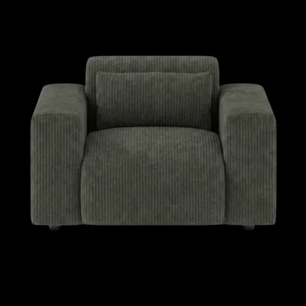 Front-on studio product photo of the Candy Armchair, 121 cm, Tuscany Slate Grey, Corduroy