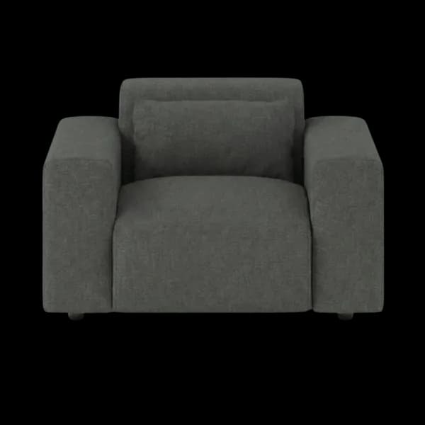 Front-on studio product photo of the Candy Armchair, 121 cm, Monaco Slate Grey, Smooth Weave