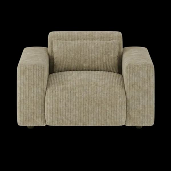 Front-on studio product photo of the Candy Armchair, 121 cm, Tuscany Linen Beige, Corduroy
