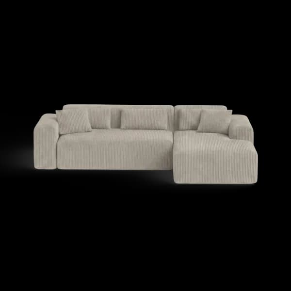 Front-on studio product photo of the Candy Right Corner Chaise, 261 cm, Tuscany Linen Beige, Corduroy