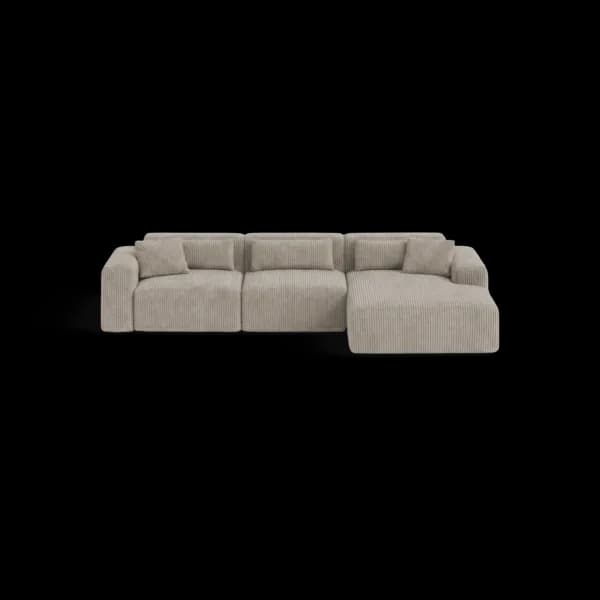 Front-on studio product photo of the Candy Right Corner Chaise, 301 cm, Tuscany Linen Beige, Corduroy