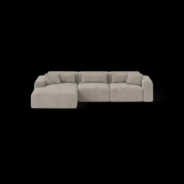 Front-on studio product photo of the Candy Left Corner Chaise, 301 cm, Tuscany Linen Beige, Corduroy