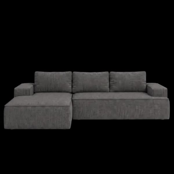 Front-on studio product photo of the Fudge Left Corner Chaise, 269 cm, Monaco Slate Grey, Smooth Weave