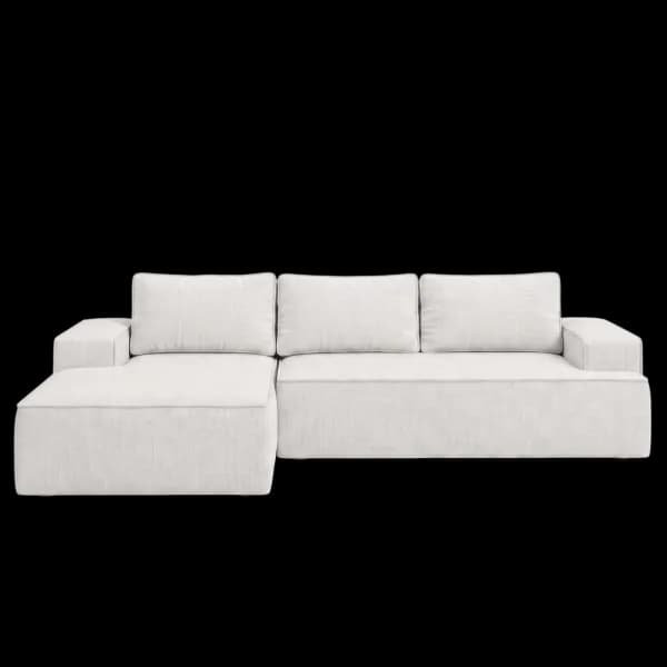 Front-on studio product photo of the Fudge Left Corner Chaise, 269 cm, Monaco Feather Beige, Smooth Weave