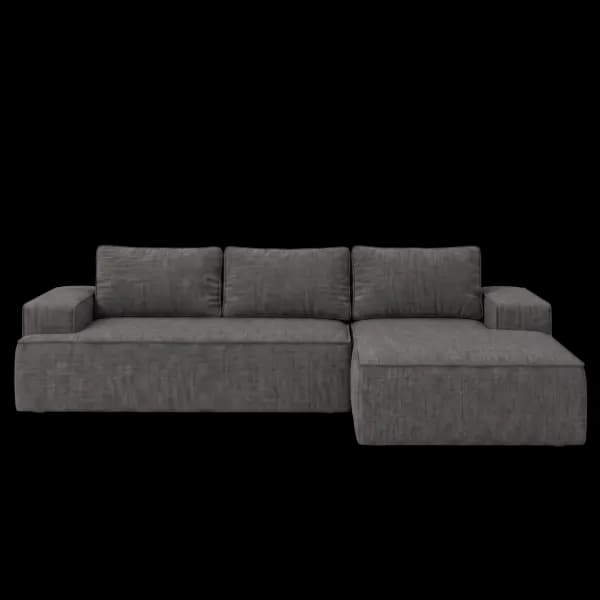Front-on studio product photo of the Fudge Right Corner Chaise, 269 cm, Monaco Slate Grey, Smooth Weave